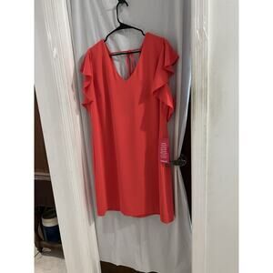 Trina Turk Orange Cold Shoulder Ruffle Sleeve Tie Neck Shift Dress Sz Xl
